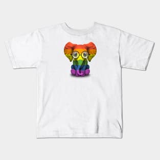 Baby Elephant with Glasses and Gay Pride Rainbow Flag Kids T-Shirt